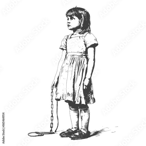 little girl slave with shackle with engraving style