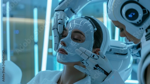 A robotic hand applies a facial mask to a womans face. The woman is laying on a table in a futuristic spa setting.