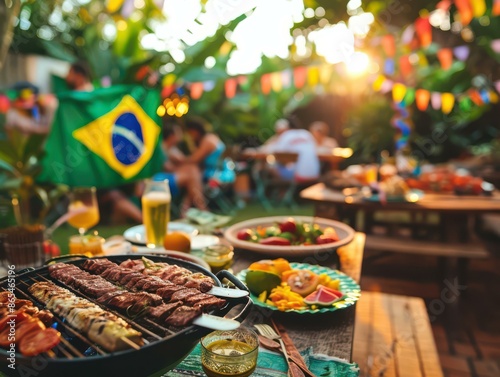 Brazilian BBQ Party at Sunset with Colorful Decorations and Food - Traditional Summer