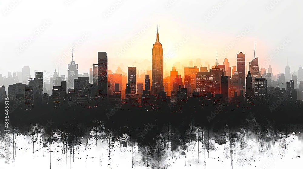 Fototapeta premium Cityscape with silhouettes of tall skyscrapers and office buildings. Panoramic landscape of the metropolis. Silhouettes of a modern city. Business district of the city. Vector illustration