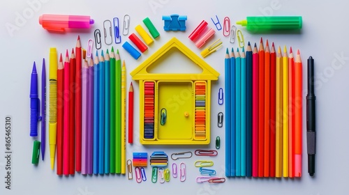 Colorful School Supplies Arranged in a House Shape - Generative AI photo