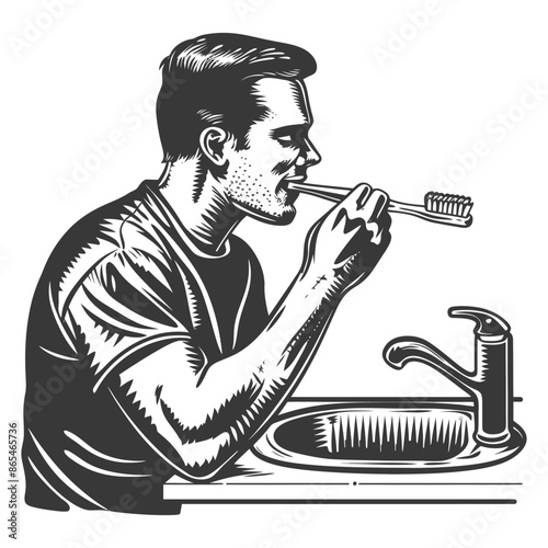 Monochrome Man Brushing Teeth, Vintage Style Hygiene Routine Vector Illustration