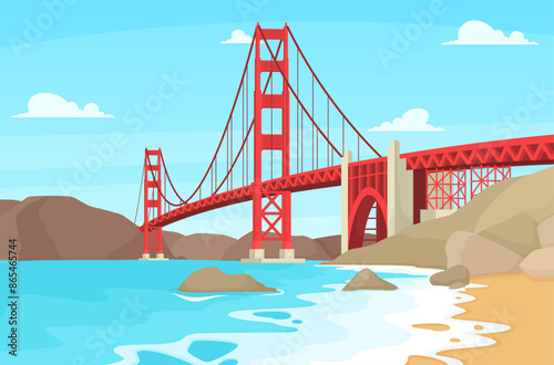 Golden Gate Bridge Vector Illustration. San Francisco Bridge Baker Beach California Vector