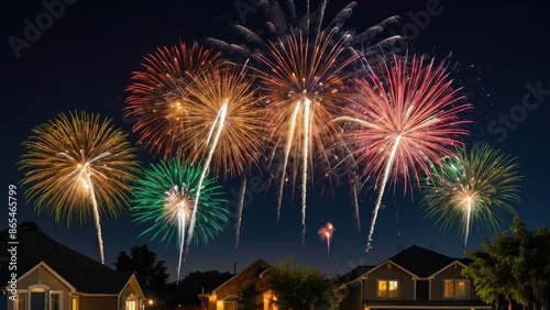Vibrant fireworks light up the night sky over a neighborhood, celebrating a festive event with colorful explosions and joyous atmosphere. © Kumblack