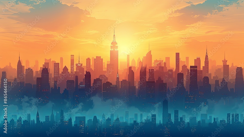 Cityscape with silhouettes of tall skyscrapers and office buildings. Panoramic landscape of the metropolis. Silhouettes of a modern city. Business district of the city. Vector illustration