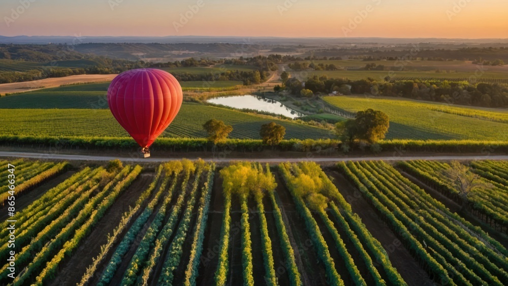 Naklejka premium A red hot air balloon floats over a picturesque vineyard at sunset, showcasing the serene, scenic countryside perfect for travel and exploration.