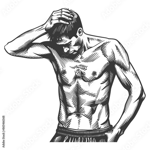 Etched Muscled Man: Head in Hand, Contemplative, Shirtless, Detailed Anatomy.