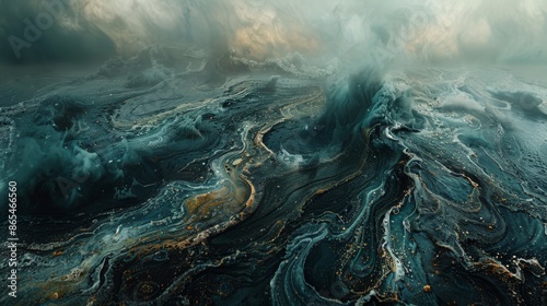 A stunning abstract depiction of swirling ocean waves in the midst of a storm, evoking a sense of power and turbulence in the natural elements against a dramatic sky. © Oskar