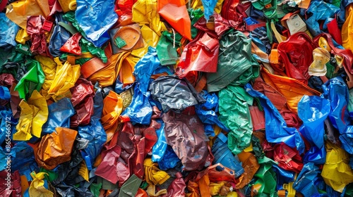 An assortment of brightly colored plastic waste gathered in a pile, showcasing the variety of plastic materials ready for recycling, emphasizing environmental concerns. © Oskar