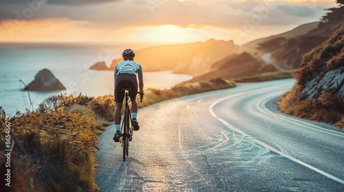 This image shows a cyclist riding a bicycle on a scenic winding road with the ocean in the background during sunset, capturing a sense of adventure, freedom, and natural beauty in the golden light. © Oskar