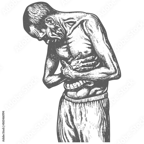 Emaciated Figure: Engraving of Suffering, Poverty, and Human Frailty.