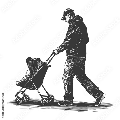 Father pushing stroller, monochromatic ink sketch, side view.