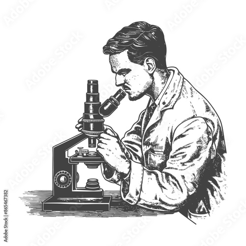 Engraved scientist intensely observing specimen under vintage microscope in lab coat.