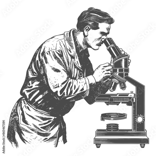 Engraving of focused scientist examining specimen under vintage microscope.