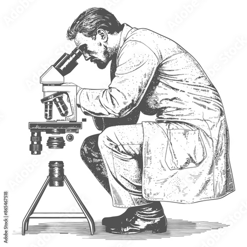 Squatting Scientist: Engraved Illustration of a Man Examining Specimen with Microscope.