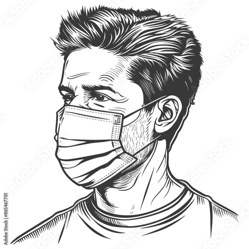 Masked Man: Engraved Style Portrait, Pandemic Protection Illustration.