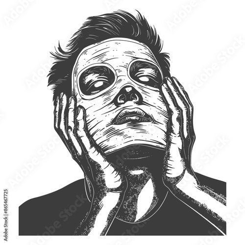 Sketched man with sheet mask, weary hands on face, dark and moody illustration.