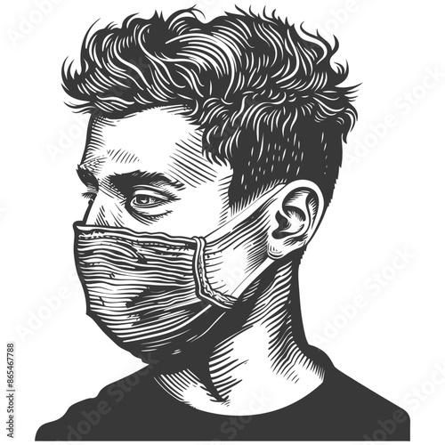 Etched Profile: Man in Mask, Crosshatch Detail, Pandemic Portrait, Virus Protection.