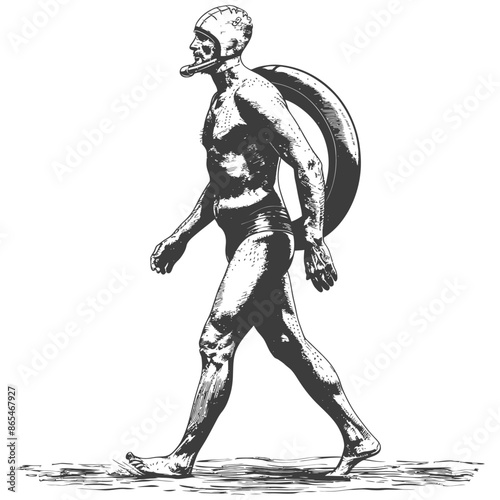 Surreal Diver: Etched Man, Diving Mask, Inner Tube, Isolated on White.