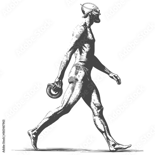 Classical Discus Thrower, Engraved Style, Ancient Greek Athlete Silhouette, Black and White.