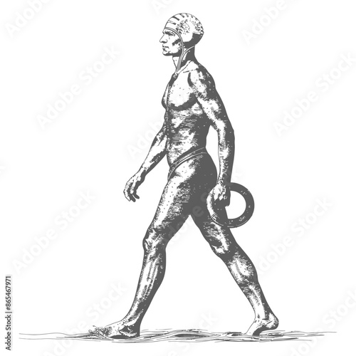 Anatomical Study: Male Figure Walking with Ring, Detailed Engraving.