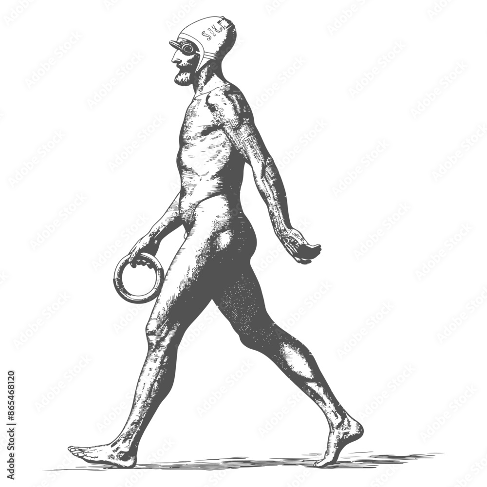 Fototapeta premium man walking with swim ring and swim cap with engraving style