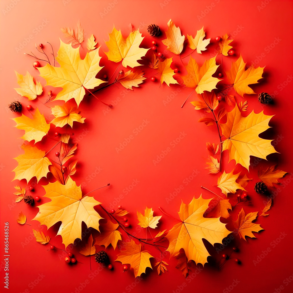 Frame of yellow maple leaves on red background. Autumn seasonal background. Autumn, fall, Thanksgiving Day concept Frame of yellow maple leaves on red background. Autumn seasonal background. Autumn, fall, Thanksgiving Day concept