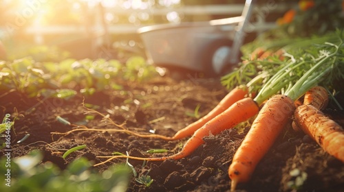Freshly Harvested Carrots in Garden at Sunrise - Generative AI photo