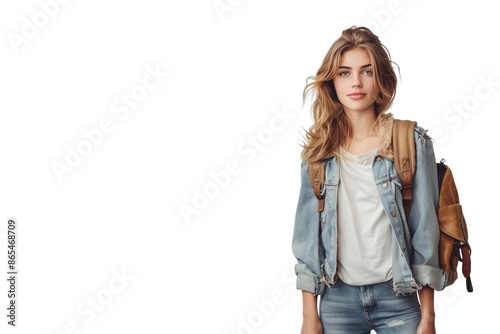 Young woman wearing casual denim outfit with backpack, looking confident and stylish. Perfect for travel and lifestyle themes.