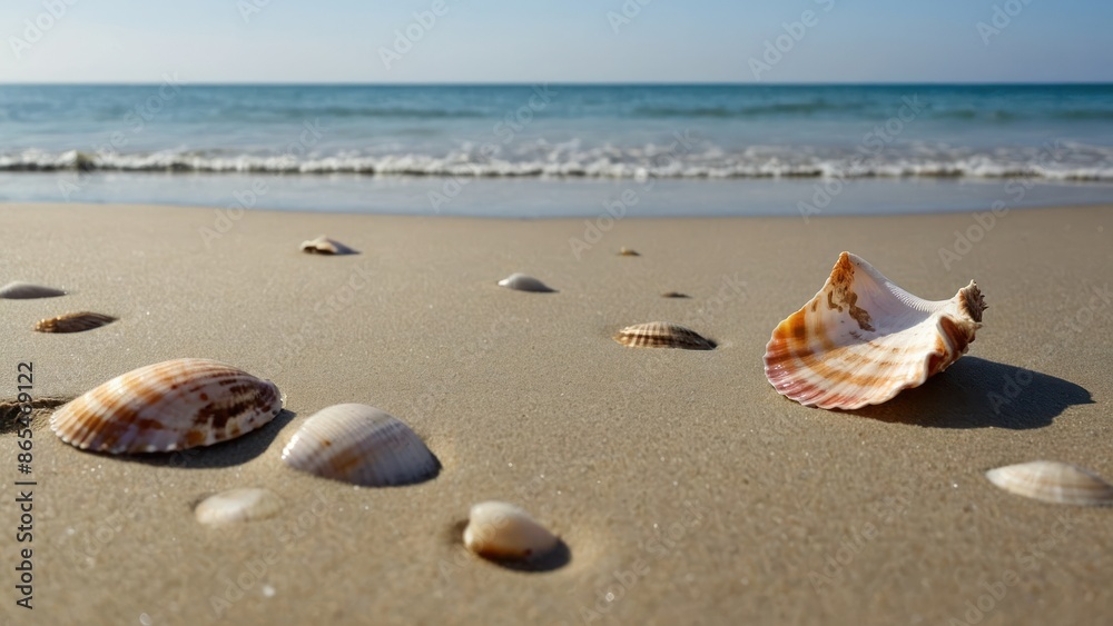 Seashells scattered on a tranquil sandy beach with gentle waves lapping the shore and a clear horizon. Perfect for summer vacations and coastal relaxation. Seashells scattered on a tranquil sandy beach with gentle waves lapping the shore and a clear horizon. Perfect for summer vacations and coastal relaxation.