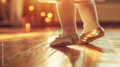 closeup of childs feet in shiny tap shoes on wooden dance floor soft studio lighting highlights texture and movement capturing youthful energy