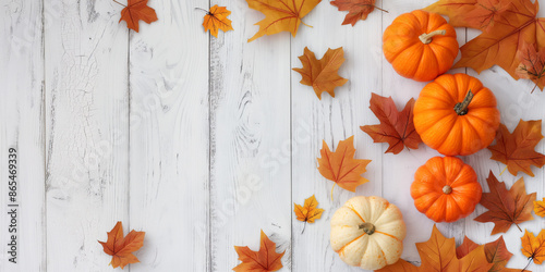 Festliche Halloween Herbstdekoration Kürbisse Blätter weiß Holz Hintergrund Motiv photo