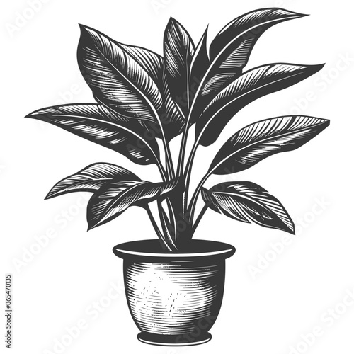 Engraved Potted Plant: Detailed Line Art, Bold Leaves, Botanical Illustration