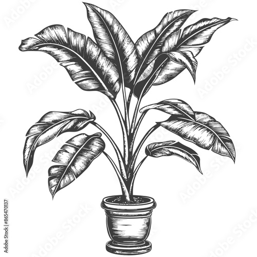 Detailed Etched Banana Plant in Pot, Vintage Botanical Illustration