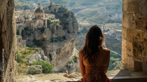 beautiful woman on her back inside a cave with a view of an ancient style city photo