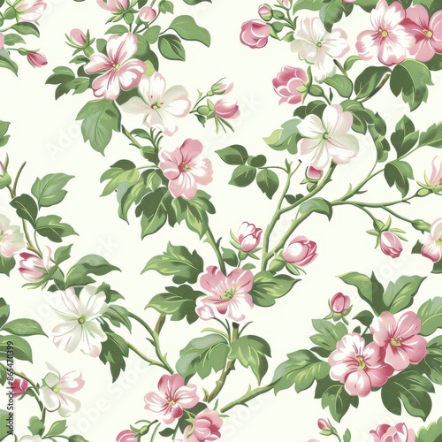 A floral patterned wallpaper with pink flowers and green leaves