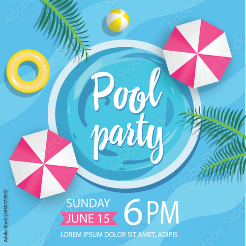 Pool party invitation, banner, flyer, header. With beach umbrella, inflatable ring, palm leaves 