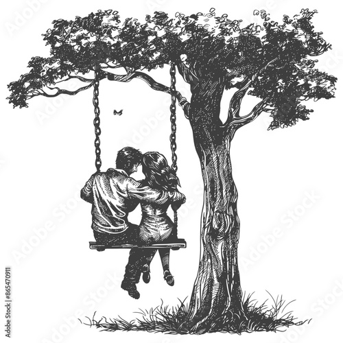 young couple sitting on a swing on the tree with engraving style