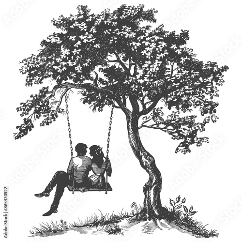 young couple sitting on a swing on the tree with engraving style