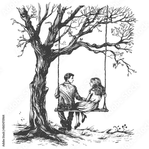 young couple sitting on a swing on the tree with engraving style