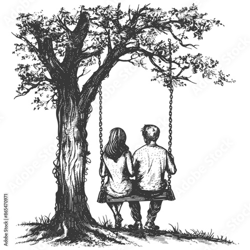 young couple sitting under swing on the tree with engraving style