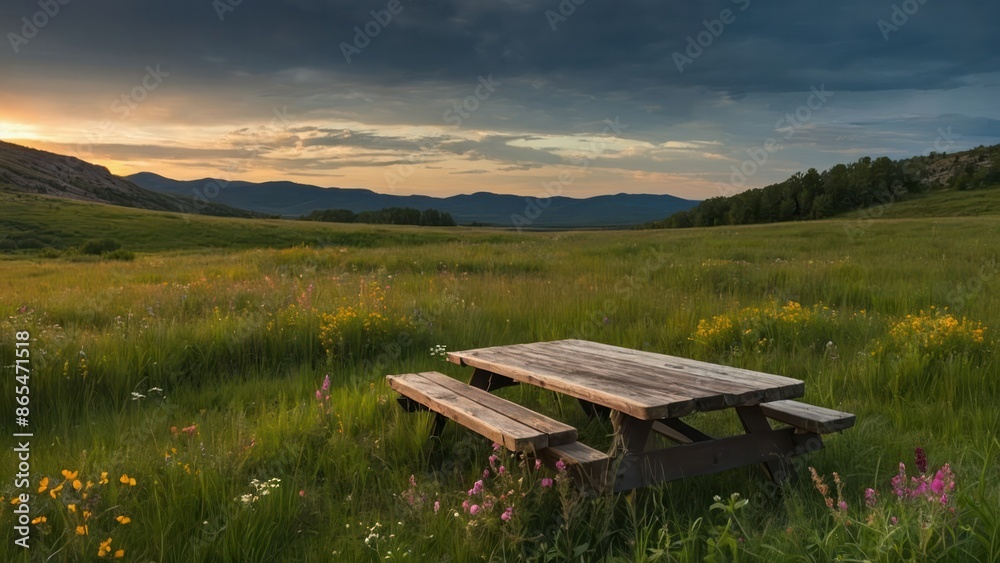 A rustic wooden picnic bench in a tranquil meadow filled with wildflowers under a dramatic sunset sky, perfect for outdoor activities and gatherings. A rustic wooden picnic bench in a tranquil meadow filled with wildflowers under a dramatic sunset sky, perfect for outdoor activities and gatherings.