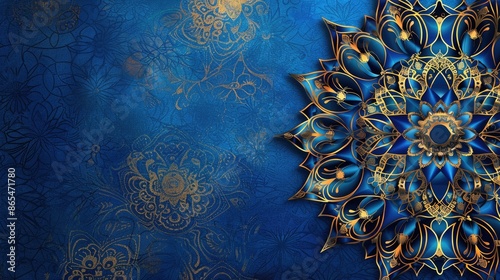 Luxurious blue gold mandala art background For business cards or invitation cards arabic geometric 