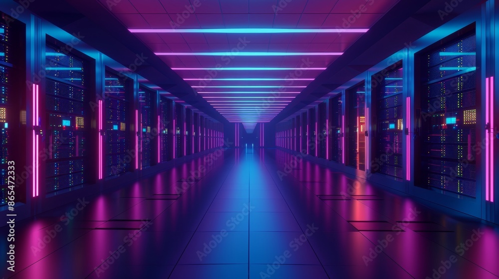 Futuristic Data Center Corridor with Neon Lights - Generative AI