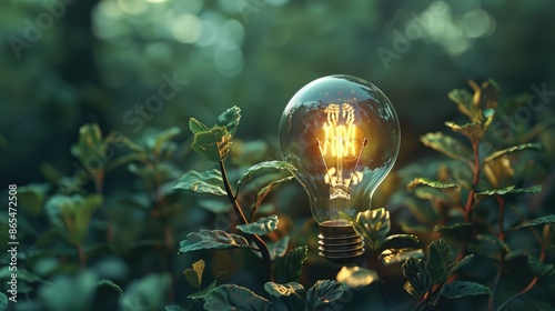 glowing light bulb on a background of nature, forest and plants. concept of energy conservation, environmental friendliness