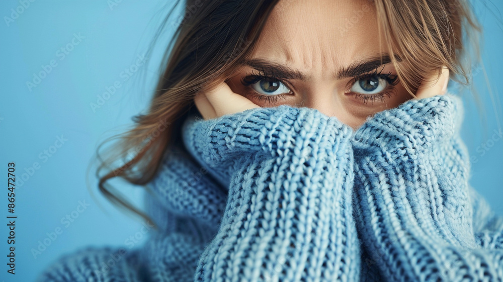 Woman in blue turtleneck knitted sweater sadly look at camera while covering sad face. Feelings of depression, sadness, loneliness, social phobia. Winter cold Woman in blue turtleneck knitted sweater sadly look at camera while covering sad face. Feelings of depression, sadness, loneliness, social phobia. Winter cold
