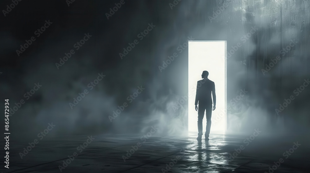 dramatic image of a man emerging from darkness opening a door to reveal a flood of light the contrast symbolizes hope new beginnings or overcoming obstacles dramatic image of a man emerging from darkness opening a door to reveal a flood of light the contrast symbolizes hope new beginnings or overcoming obstacles