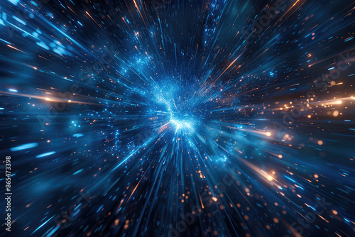 a blue and white abstract image of a space with a blue background with stars and lines