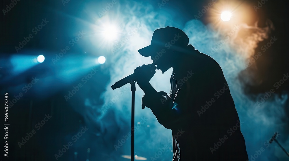 dynamic rap artist silhouetted figure in cap gripping mic intense posture stage lights gritty urban backdrop passionate performance highcontrast powerful presence dynamic rap artist silhouetted figure in cap gripping mic intense posture stage lights gritty urban backdrop passionate performance highcontrast powerful presence