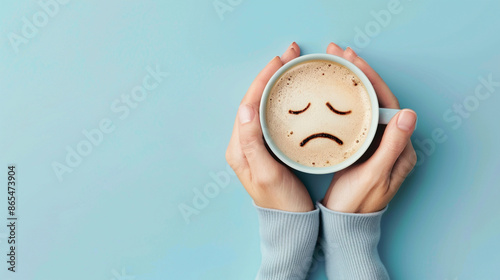 Woman's hands holding coffee cup with sad face drawn on coffee on blue background with copy space. Emotions, blue monday, hard morning, difficult day concept
